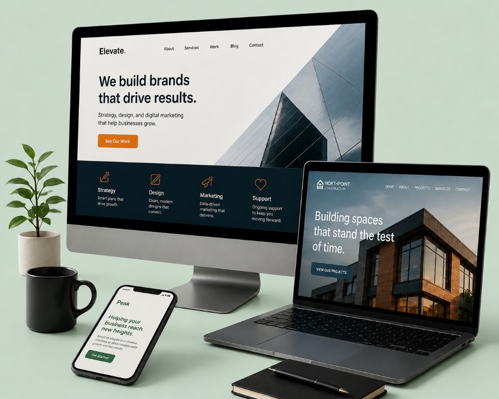 Responsive website mockups displayed on a desktop monitor, laptop, and smartphone.