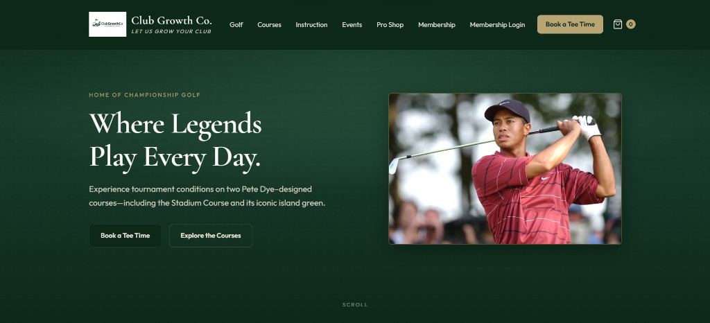 Golf course website demo: dark green hero with championship headline, navigation, and golfer imagery.